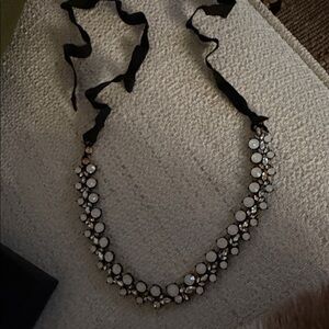 J. Crew Black Ribbon Necklace with White Crystal Clusters